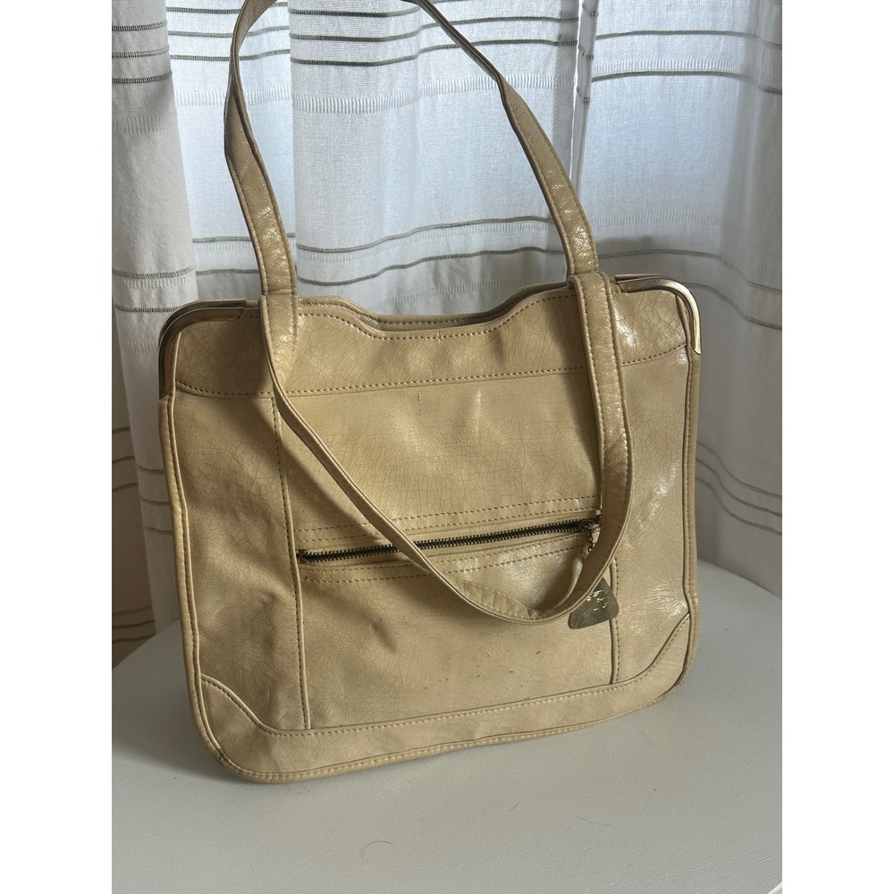 Vintage JR USA Cream Crackle‎ Faux Leather Shoulder Bag Multi Compartment Tote